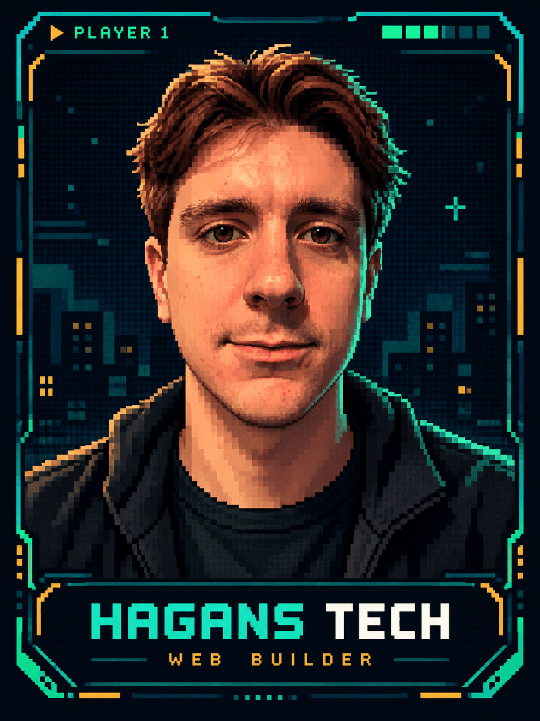 Pixel-art character card of Connor Hagans: Player 1, Hagans Tech, web builder